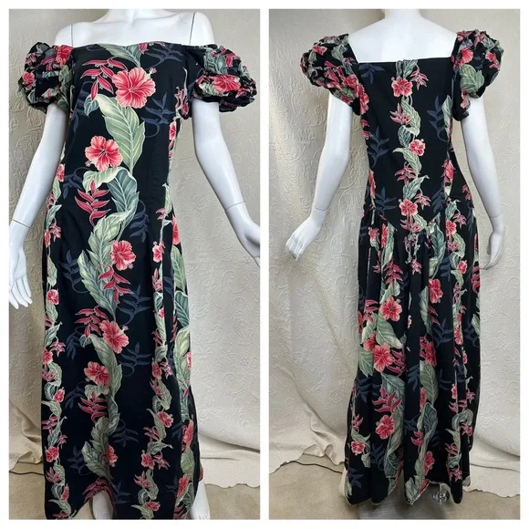 Vintage T&L Muumuu Factory Hawaii Floral Puff Sleeve Maxi Dress - Picture 1 of 16